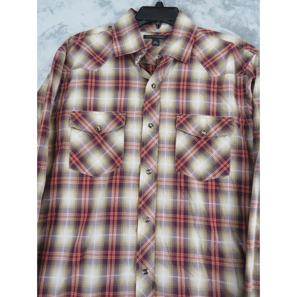 Banana‎ Republic Mens L Plaid Western Snap Shirt Ombre Shadow Plaid Cotton